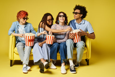 Multicultural young friends in stylish outfits happily chatting while sitting on a vibrant yellow...