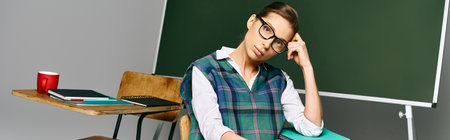 A female student in uniform sitting in front of a green board in a college classroom.の写真素材