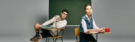 Two elegant students sit at a desk in a college classroom, engaging with a green board.の写真素材