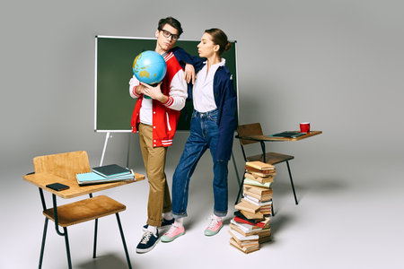 Two college students holding a globe in front of a green board.