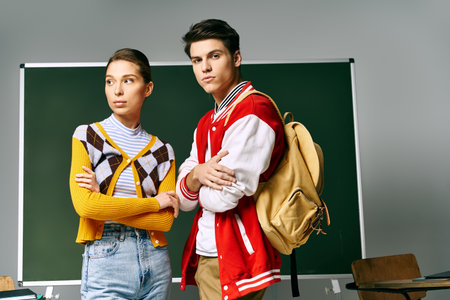 Two young students in casual attire standing confidently in front of a chalkboard in a college...