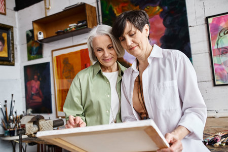 A mature lesbian couple admire artwork together in a studio.の写真素材