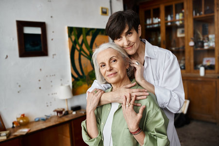 Two mature women hugging in an art studio.の写真素材