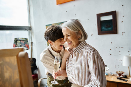 Two women holding wine glass in art studio.の写真素材