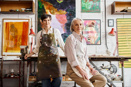 A mature lesbian couple standing in an art studio together.の写真素材