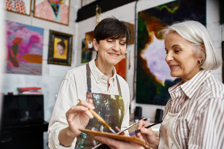 Two women, painting together in an art studio.の写真素材