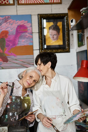 Mature lesbian couple creating art in a studio.の写真素材