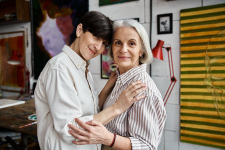 Two women with arms wrapped around each other in a cozy room.の写真素材