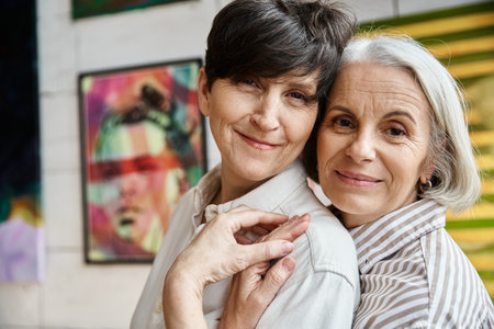 Two women hugging in front of paintings in an art studio.の写真素材