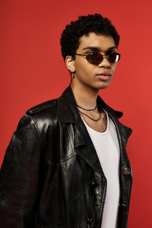 A stylish African American man in sunglasses and a leather jacket.
