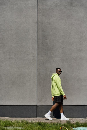 Stylish African American man in yellow hoodie walking by gray wall.の写真素材