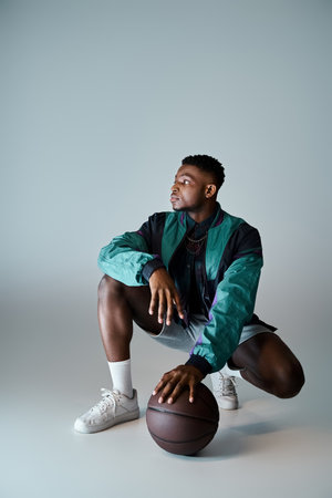 A fashionable African American man crouches with a basketball ball.