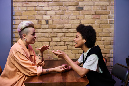 Two women, a diverse and beautiful couple of lesbians, engrossed in lively conversation at a cafe table.の写真素材