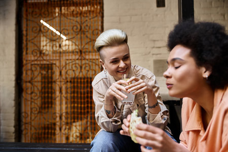 A diverse couple of lesbians sitting on the ground, happily eating food together.