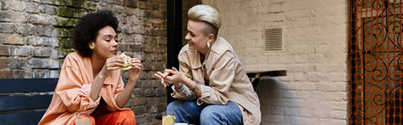 Two women, a diverse and beautiful couple, sit on a bench enjoying a meal together.の写真素材