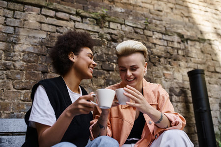 Two diverse women, a beautiful lesbian couple, relax and enjoy each others company on a bench.の写真素材