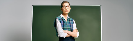 Beautiful female student in uniform in front of a green board.の写真素材