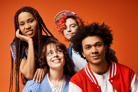 Young multicultural friends, stand together in stylish attire in a studio setting.の写真素材