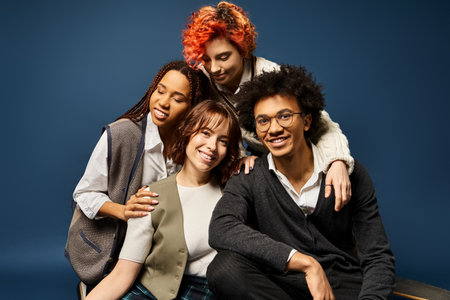 Diverse group of young friends in stylish attire strike a pose together on a dark blue background.