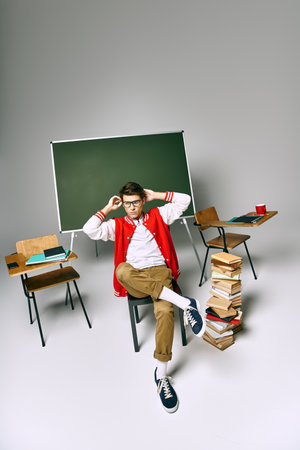 A man in front of a green board, contemplating while seated on a chair.の写真素材