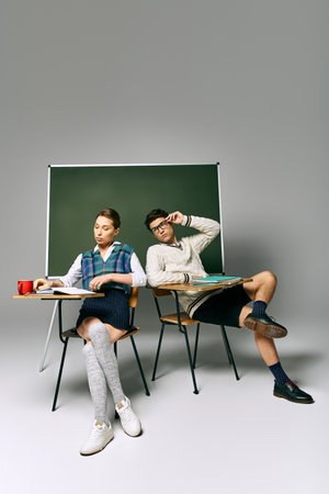 Stylish man and woman in front of a green board in a college setting.