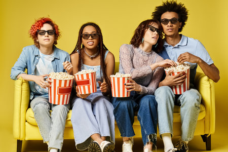 Young multicultural friends in stylish attire sit contentedly on a yellow couch in a studio setting,...