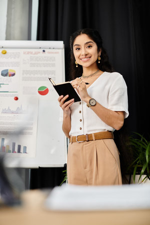 A young indian woman poses in front of a white board.の写真素材