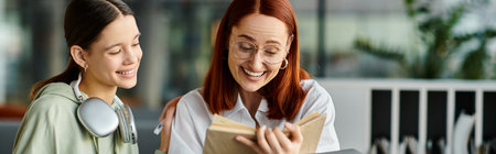 A tutor, a redhead woman, imparts knowledge to her teenage student, both engrossed in a book amidst a modern learning setting.の写真素材