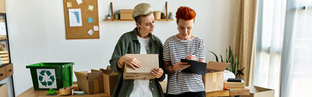A young lesbian couple collaborating to sort boxes in a charity room.