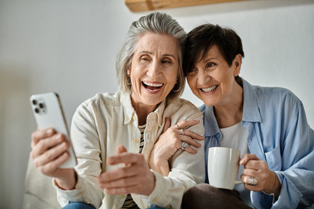 Two elderly women sit on a couch, enjoying a cup of coffee together.