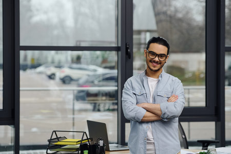A man stands by a large office window, deep in thought.