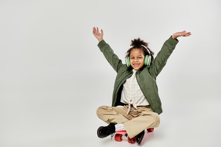 A curly African American girl in stylish clothes sits on a skateboard with her arms up in excitement.の写真素材