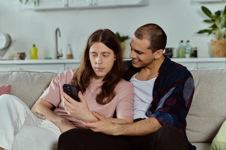 same sex couple share a cozy moment on a couch, engrossed in a cell phone screen.の写真素材