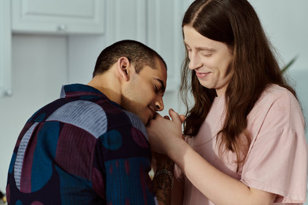 A gay couple in casual clothes, stand side by side, expressing love and unity in their relationship.