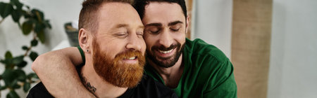Two men hug in a room, marking the start of their new life together in their new home.