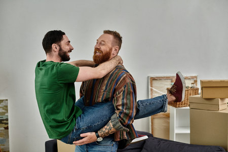 A gay couple in love, standing side by side, excitedly starting a new life in their new home...