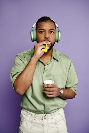 Young African American man joyfully listens to music while blowing party horn against a purple...