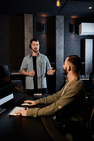 Two men in a recording studio engage in animated discussion during a music band rehearsal session.