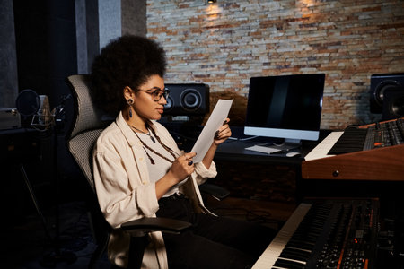 A woman immersed in her music, studying a sheet of paper in a recording studio during a band...
