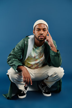 African American man in a vibrant green jacket and white pants striking a pose.
