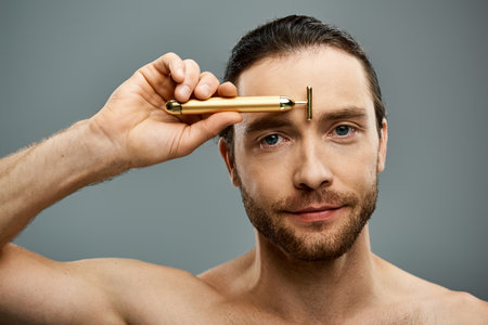 Shirtless man with beard touching golden razor to his forehead on a grey studio background.