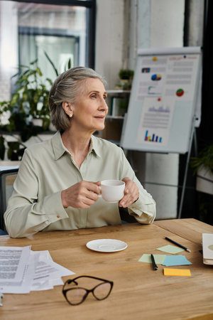 A woman enjoys her coffee while sitting at a table.の写真素材