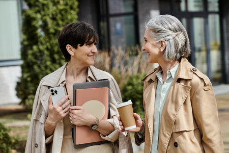 Stunning mature lesbian couple walking together.の写真素材