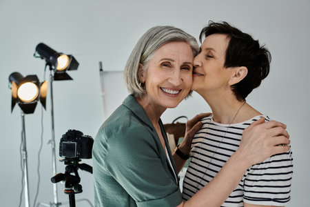 A middle-aged lesbian couple share a tender kiss in a photo studioの写真素材
