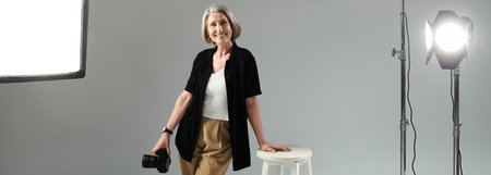 A middle-aged woman stands in front of a bright light, holding a camera.