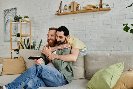Two men with beards enjoying a cozy moment together on a couch in a living room.の写真素材