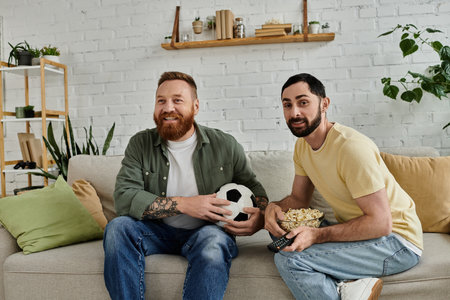 Two men, a bearded gay couple, sit on a couch holding a soccer ball in a cozy living room setting.の写真素材