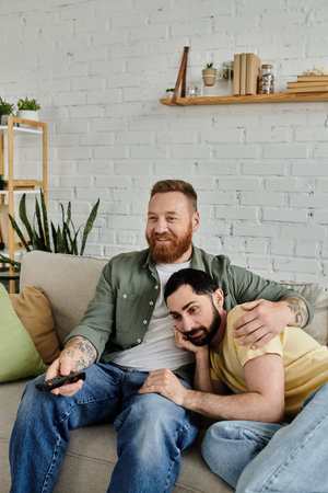 A couple of bearded men sit comfortably on a couch in their living room, enjoying quality time together.の写真素材
