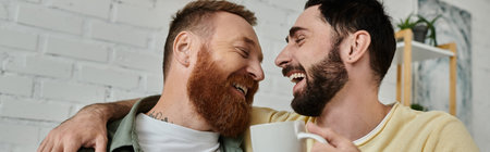 A bearded gay couple stand together, expressing love and togetherness in their living room.の写真素材