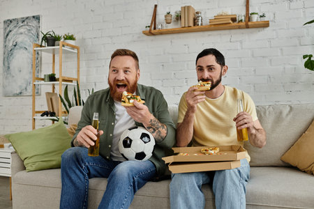 Two men with beards sitting on a couch, enjoying pizza and beer with a labrador dog in the living room.の写真素材